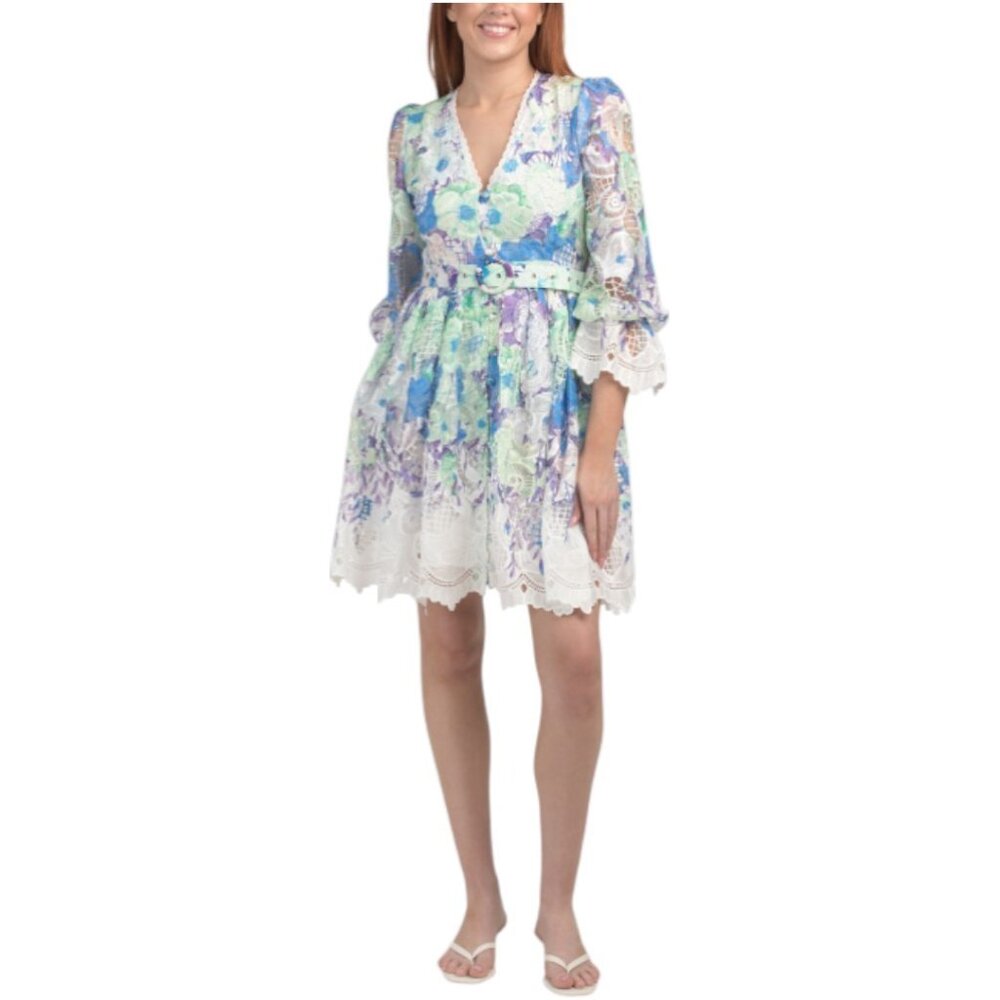 DALIA MACPHEE Long Sleeve Floral Lace Mini Dress With Belt